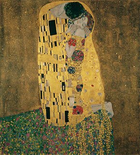 Pintura simbólica a óleo em tons de ouro e azul, retratando dois corpos entrelaçados em um beijo apassionado.