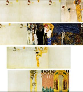 Pintura a óleo abstrata em tons dourados e azuis, retratando o busto de Ludwig van Beethoven em estilo Art Nouveau.