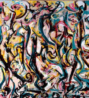 Pintura abstrata a óleo de grande escala, com padrões orgânicos e fluidos em tons de azul e marrom, características da técnica de dripping de Jackson Pollock.