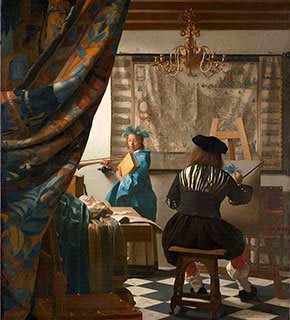 Pintura holandesa do século XVII a óleo sobre tela, retratando uma mulher sentada em um ambiente iluminado com tons suaves de azul e amarelo.