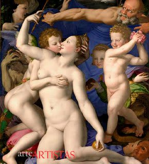 Pintura a óleo de Agnolo Bronzino, retratando a deusa Venus e Cupido em tons pastéis de azul e rosa, com detalhes de veludo e seda.