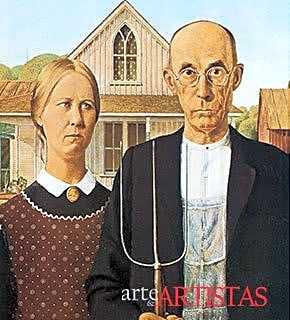 Pintura a óleo de estilo realista representando a "Arbor Day" de Grant Wood, com tons de verde e marrão, mostrando uma mulher sorridente segurando um cajado.