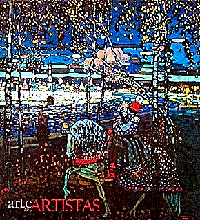 Pintura abstrata a óleo de casal caminhando em um cenário natural com cores pastéis e linhas geométricas.