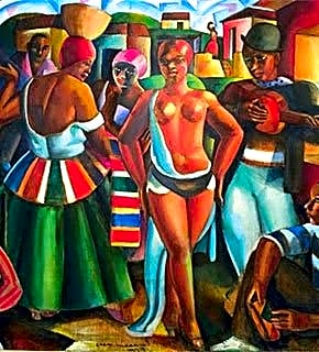 Pintura expressionista a óleo de Emiliano Di Cavalcanti retratando cena de samba no Rio de Janeiro, cores vibrantes e movimento dinâmico.