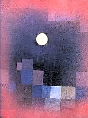 Une toile expressionniste à l'huile de Paul Klee, révélant un paysage onirique où s'entremêlent lignes géométriques et teintes pastel.