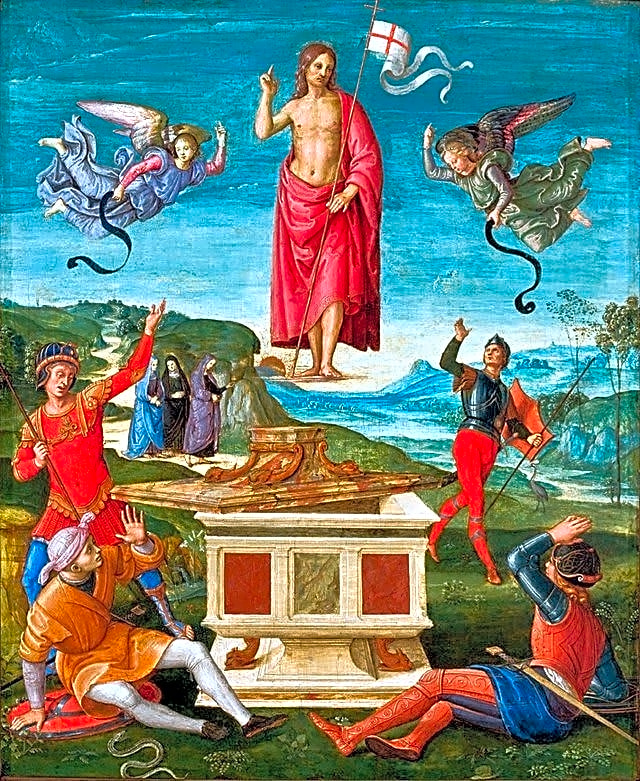 Pintura a óleo retratando o artista Rafael Sanzio ao trabalho, com pinceladas finas e cores suaves em tons de azul e marrom.