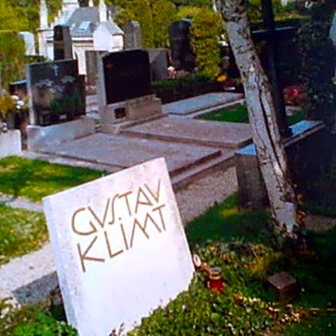 Peinture à l'huile de style Art nouveau, figurant un portrait de Gustav Klimt dans des tons dorés et bleus, avec des détails ornementaux.