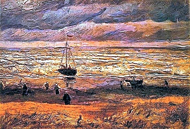Peinture post-impressionniste à l'huile de Vincent van Gogh, dépeignant des scènes champêtres aux teintes vibrantes de bleu et de jaune.