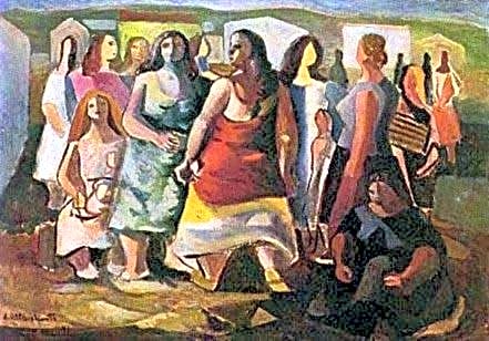 Pintura expressionista a óleo retratando Emiliano Di Cavalcanti em cena de estúdio, com cores vibrantes e tons de azul.