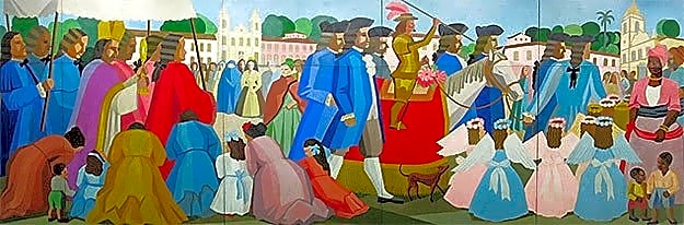 Pintura a óleo de Tarsila do Amaral, retratando paisagem brasileira com cores vibrantes e linhas geométricas, inspirada no modernismo.