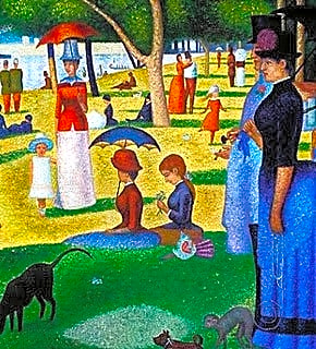 Pintura pós-impressionista a óleo em tons pastéis de azul e verde, retratando cenas de lazer em um parque urbano.