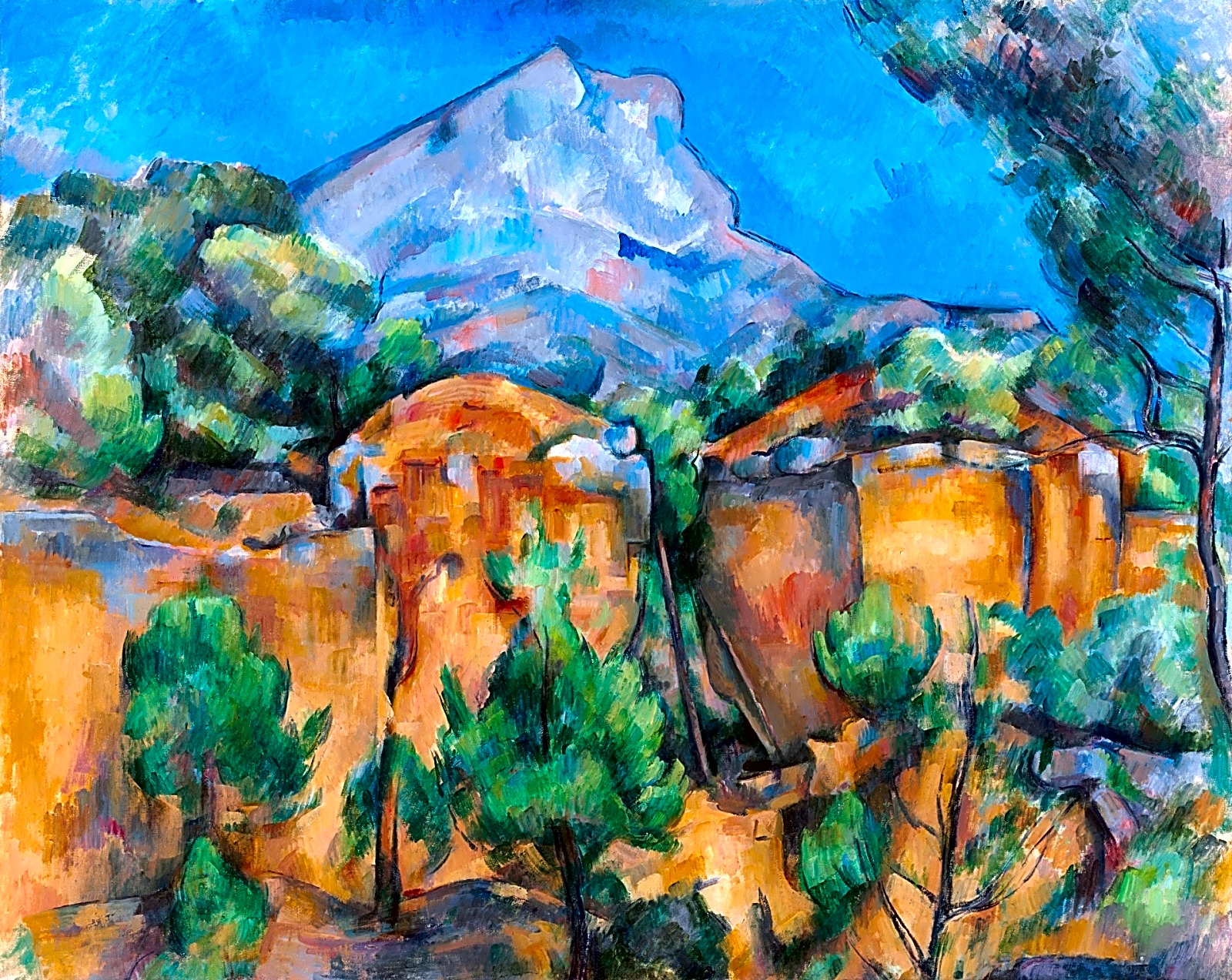 Pintura a óleo de Paul Cézanne retratando paisagem campestre francesa com cores pastéis e tons de verde e azul.