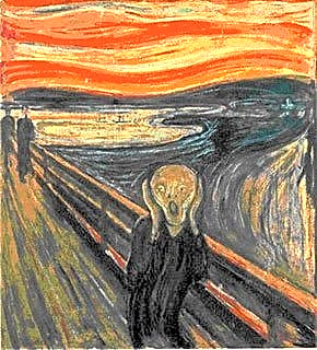 Peinture expressionniste à l'huile d'Edvard Munch, représentant un homme angoissé aux bras tendus, dans des tons de bleu profond et de jaune éclatant.