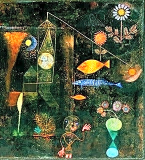 Pintura abstrata a óleo de um peixe azul ondulante em tons pastéis, com linhas geométricas e cores vibrantes.