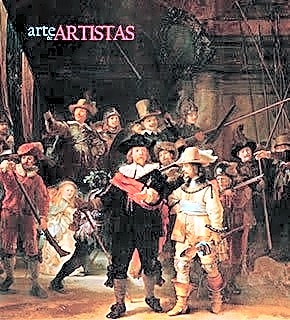 Peinture à l'huile aux teintes brunes et grises, représentant un groupe de personnes en ronde nocturne, avec des lumières douces et des ombres profondes.