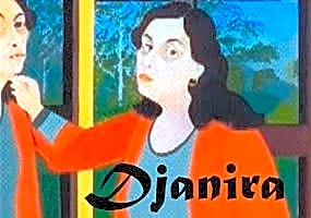 Femme indigène brésilienne du milieu du XXe siècle, représentée dans une peinture à l'huile aux tons verts et bleus, vêtue d'un châle et le regard lointain.