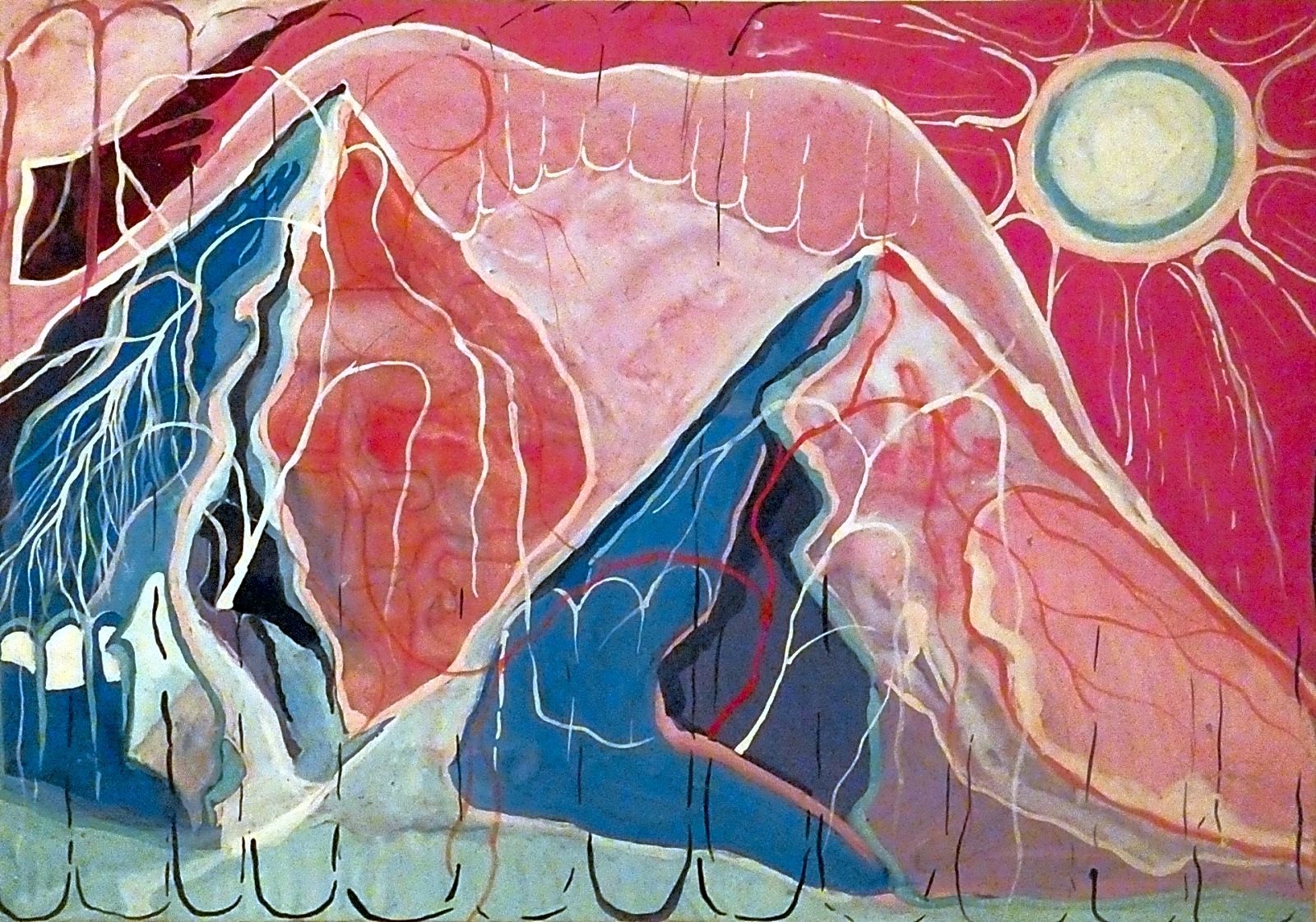 Pintura expressionista a óleo em tons de azul escuro e verde, com linhas distorcidas e formas geométricas, representando uma paisagem urbana abstrata.