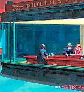 Peinture réaliste à l'huile d'un café urbain de nuit, baigné de lumières chaudes et d'ombres profondes, montrant trois personnes assises devant une vitrine.