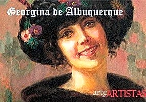 Retrato em estilo renascentista de Georgina de Albuquerque, mulher de meia-idade com vestido de seda e joias.
