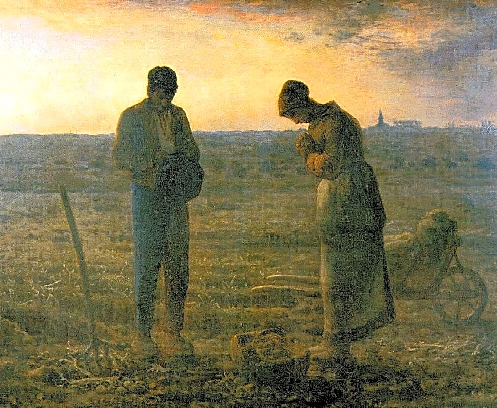 Pintura realista a óleo retratando o pintor francês Jean-François Millet em seu estúdio, com quadros de campo e pessoas trabalhando ao fundo.
