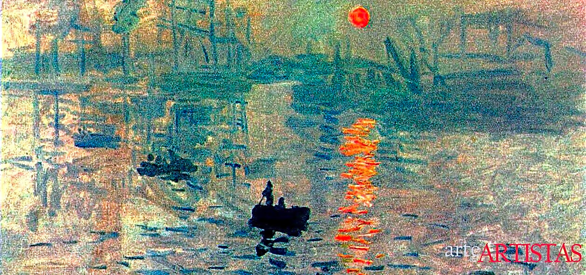 Peinture impressionniste à l'huile de Claude Monet, figurant un soleil levant sur un lac serein aux reflets dorés.