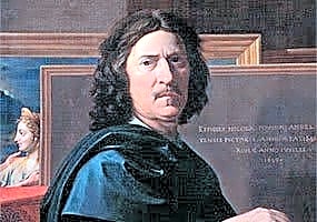 Pintura a óleo de Nicolas Poussin, retratando um afresco clássico em tons de azul e ouro, com figuras humanas elegantes.