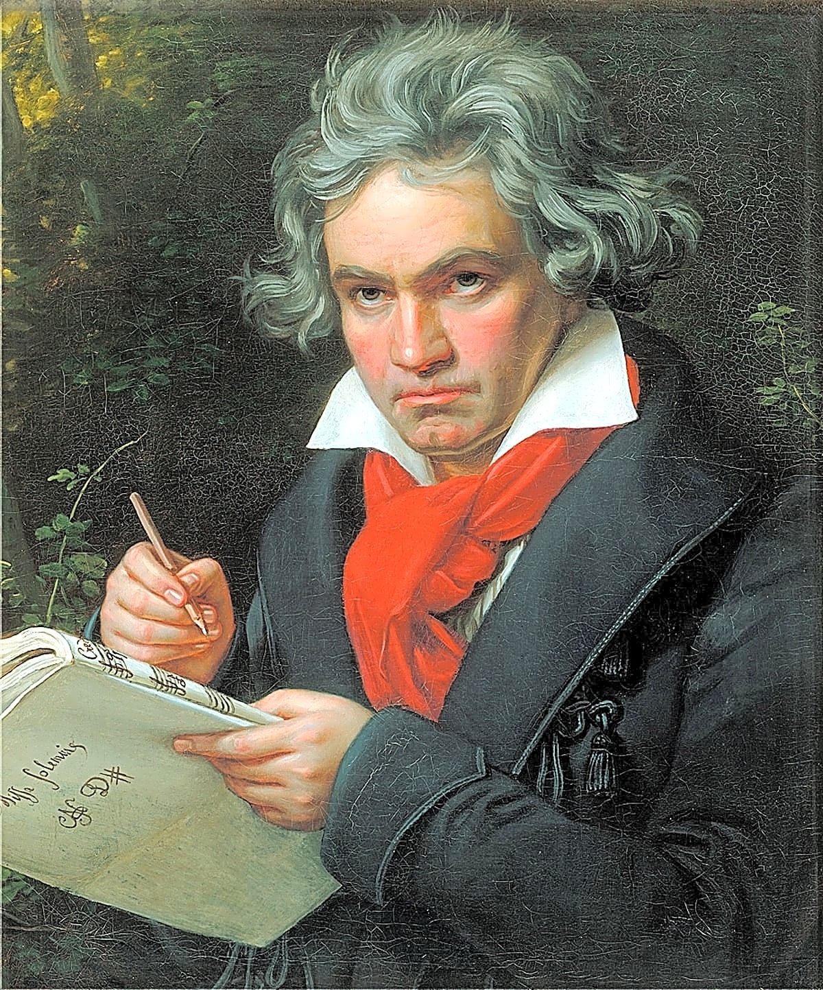 Retrato em bronze de Ludwig van Beethoven com óculos e bigode, mostrando expressão séria e introspectiva, com fundo neutro.