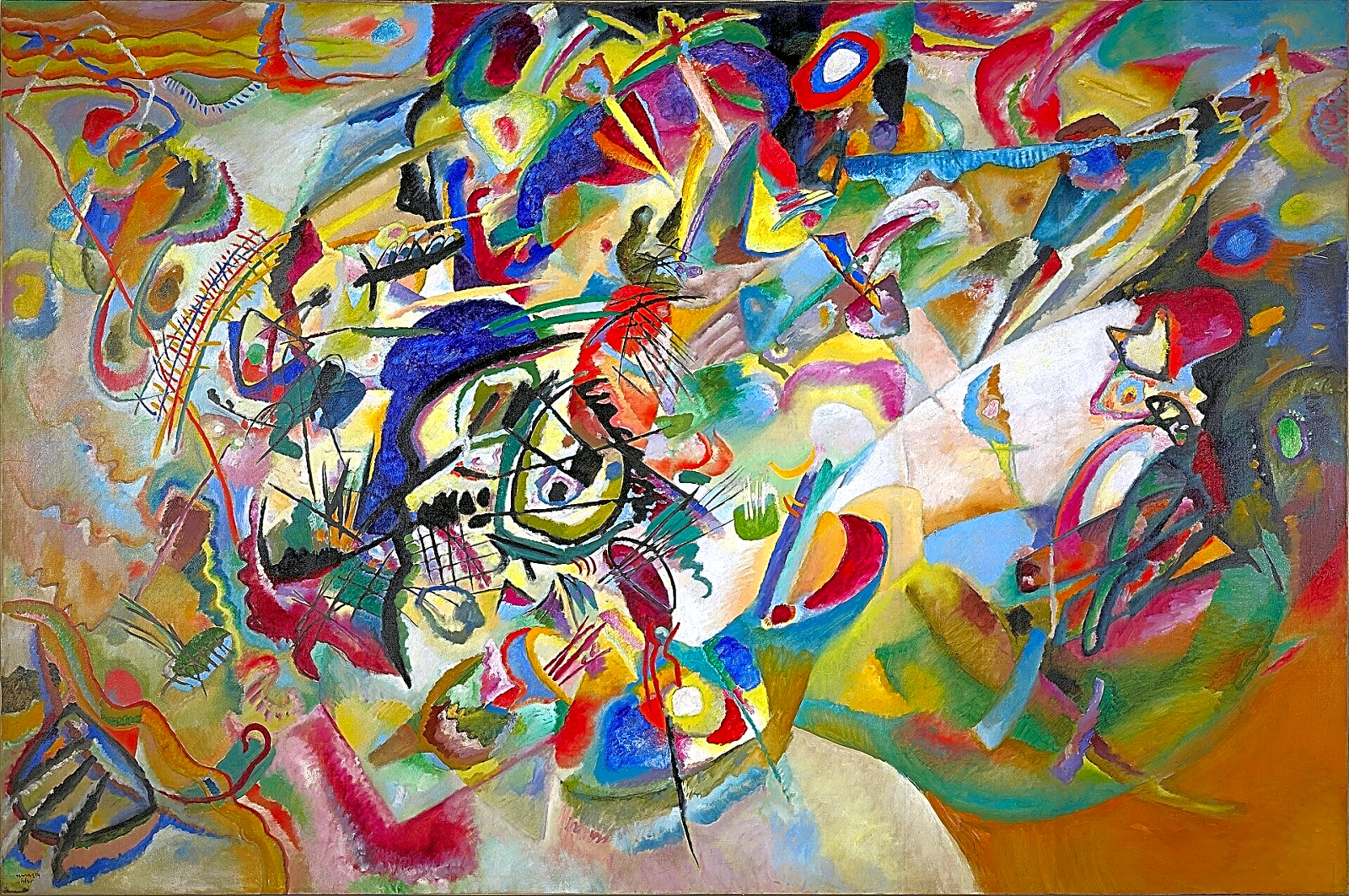 Pintura a óleo abstrata em tons de azul e laranja, mostrando formas geométricas e linhas dinâmicas de um quadro de Wassily Kandinsky.