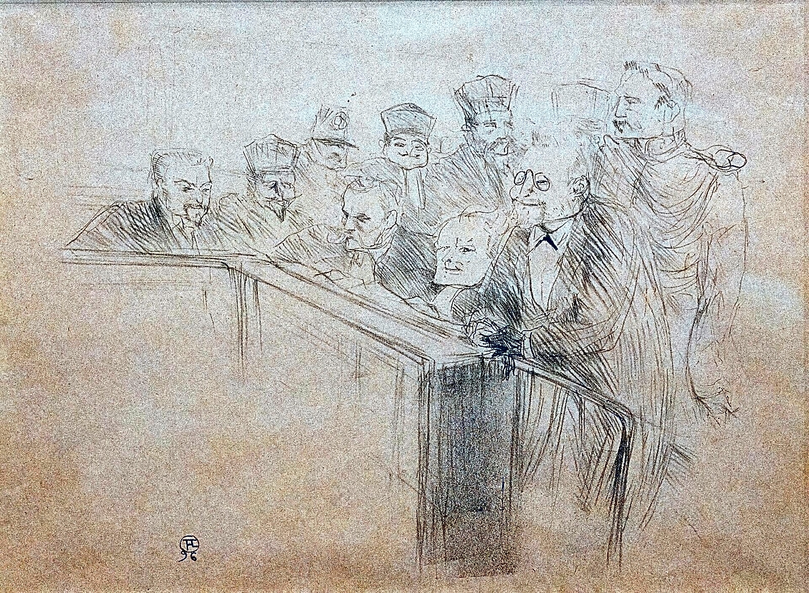 Pintura a óleo de Henri de Toulouse-Lautrec retratando uma cena de cabaré em tons de azul e vermelho vibrantes.