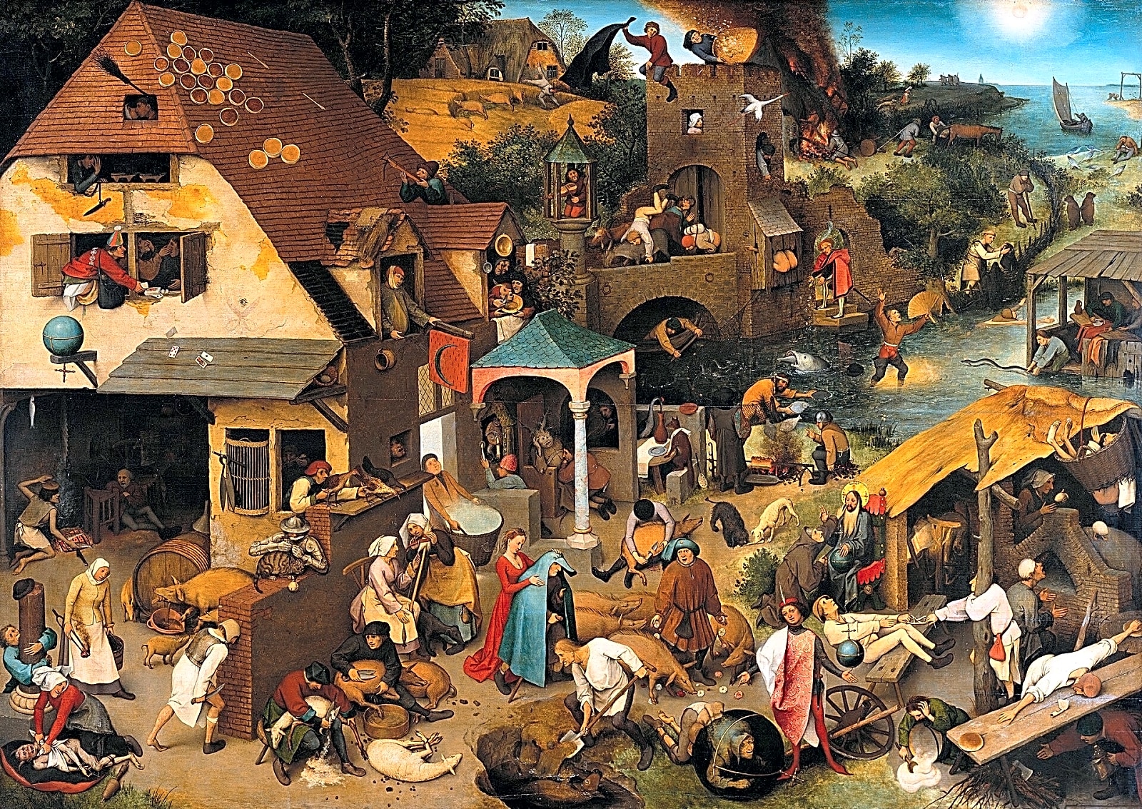 Peinture à l'huile de Pieter Bruegel l'Ancien, dépeignant une scène de paysage rural avec des figures humaines dans des tons de vert et de brun.
