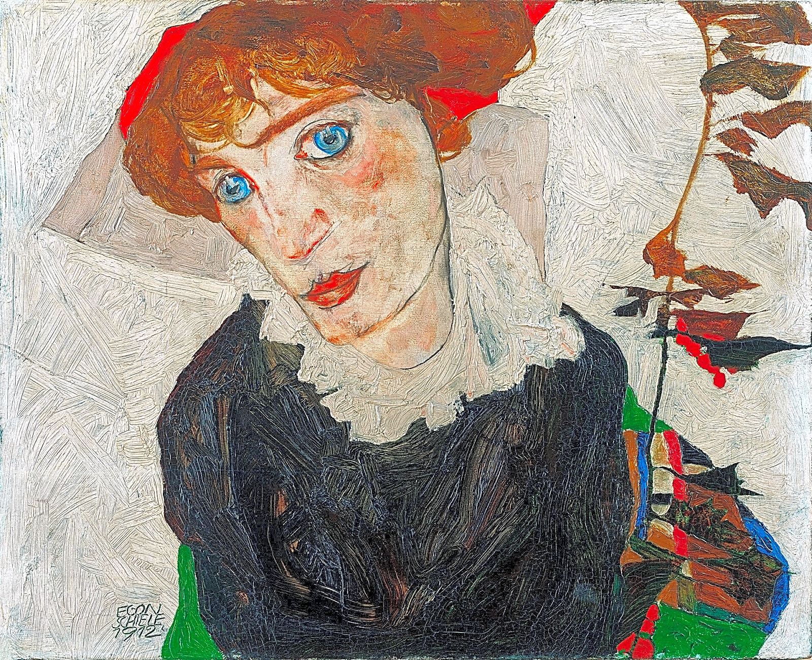Pintura a óleo em tons sombrios e intensos, retratando o artista Egon Schiele em sua maturidade, com expressão angustiada e gestos dramáticos.