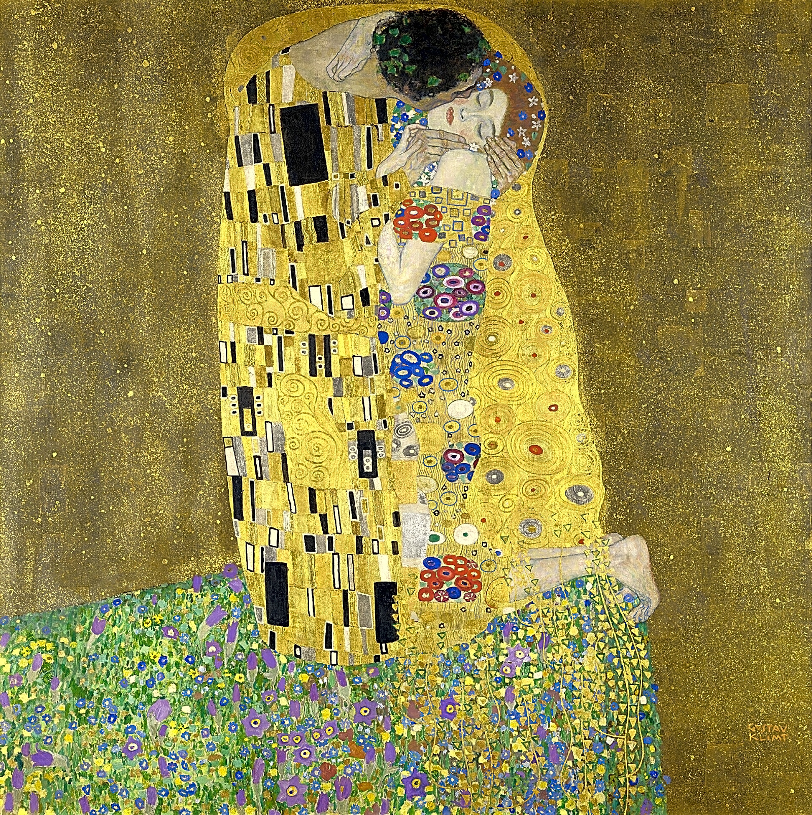 Peinture symboliste à l'huile figurant Gustav Klimt dans son œuvre « La Dame en Vert », riche de détails ornementaux et de nuances dorées.