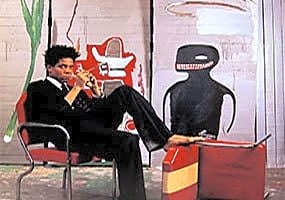 Pintura expressiva a óleo de Jean-Michel Basquiat, com cores vibrantes e linhas geométricas em tons de azul e vermelho.