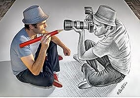 Pintura digital em estilo pop-art retratando o artista Ben Heine com elementos de sua obra, em tons de azul e rosa pastel.