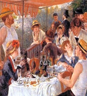 Pintura impressionista a óleo de Auguste Renoir, cena de almoço ao ar livre com homens remadores em tons de azul e verde pastel.