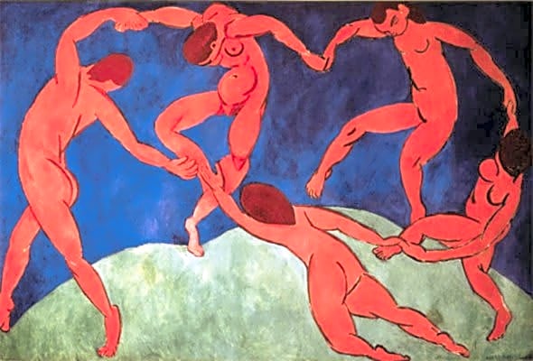 Pintura fauvista a óleo de Henri Matisse, representando dançarinos em movimento, cores vibrantes e linhas sinuosas.