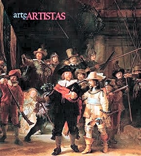 Pintura a óleo em tons de azul escuro e amarelo quente, retratando a Guarda Noturna de Rembrandt van Rijn em movimento.