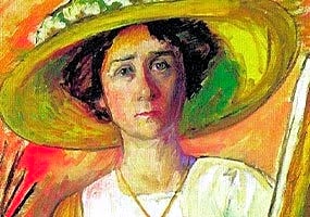 Pintura a óleo de estilo expressionista, retratando Gabriele Münter em tons vibrantes de azul e amarelo, com pinceladas expressivas.