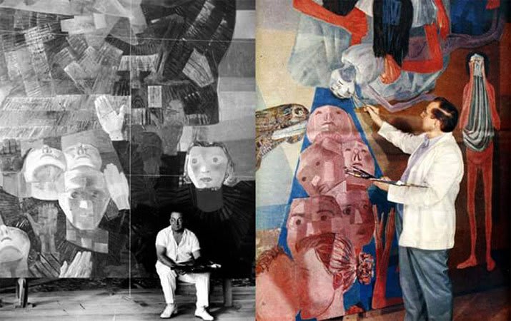 Candido Portinari with his artwork, War and Peace panels