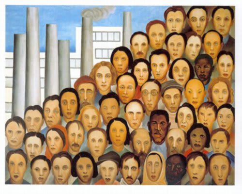 The painting 'Workers' by Tarsila do Amaral, featuring a crowd of diverse faces against a factory backdrop.