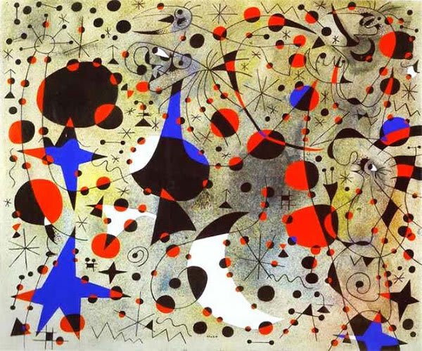 Composición abstracta de Joan Miró, caracterizada por su sencillez y colores vibrantes.
