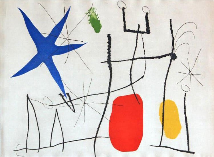Ilustración de Joan Miró para el 'Cántico del Sol', con formas primarias y estilo abstracto.