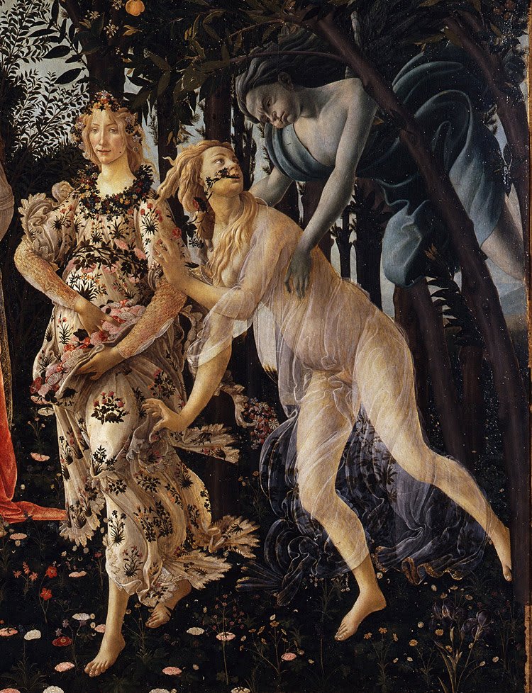 Zéfiro y la ninfa Cloris transformándose en Flora (detalle de La Primavera de Botticelli)