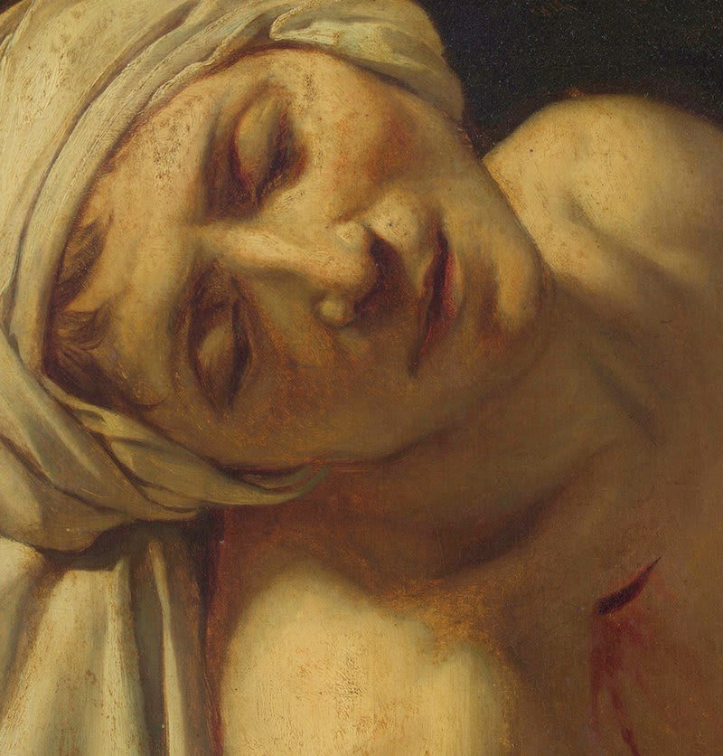 Detalle del rostro y mano de Marat en la pintura