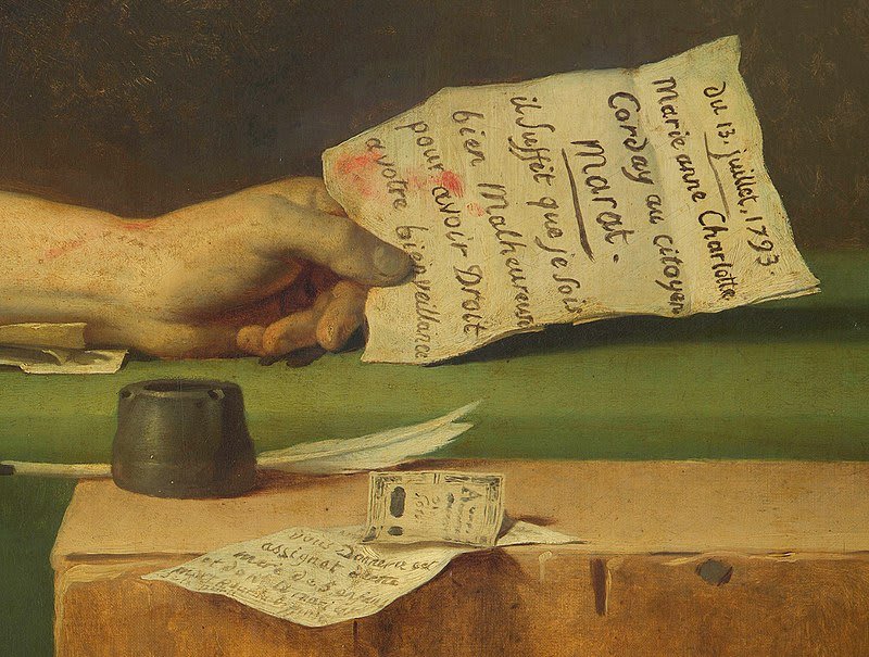 Detalle de la herida y el brazo de Marat