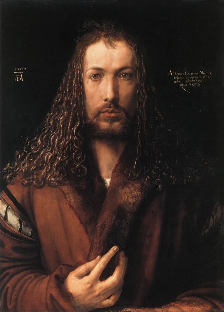 Pintura 'Autorretrato con Manto' de Albrecht Dürer, donde se muestra a sí mismo de frente, como Cristo.