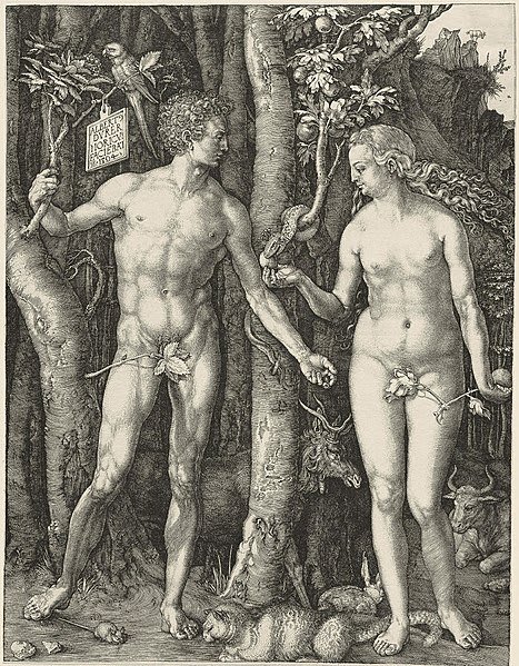 Grabado 'Adán y Eva (la Caída del Hombre)' de Albrecht Dürer, mostrando a la primera pareja en el Edén.