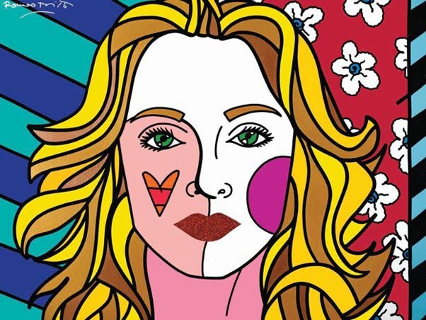 Obra de Romero Britto en la que se aprecia una figura abstracta o un rostro estilizado, repleto de colores vivos y líneas marcadas.
