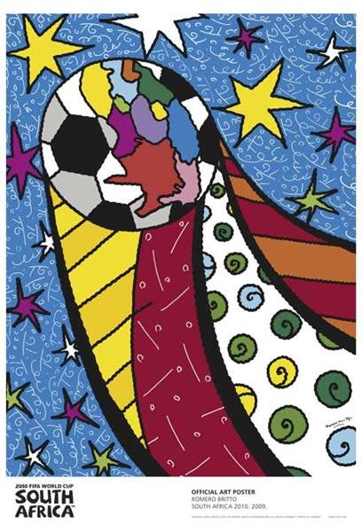 Cartel oficial de Romero Britto para la Copa del Mundo de 2010 en Sudáfrica, mostrando su estilo alegre y geométrico.