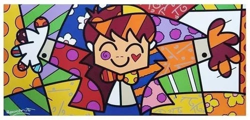 La pintura 'El Abrazo' de Romero Britto, una representación vibrante y simbólica de la unión con sus características figuras entrelazadas.